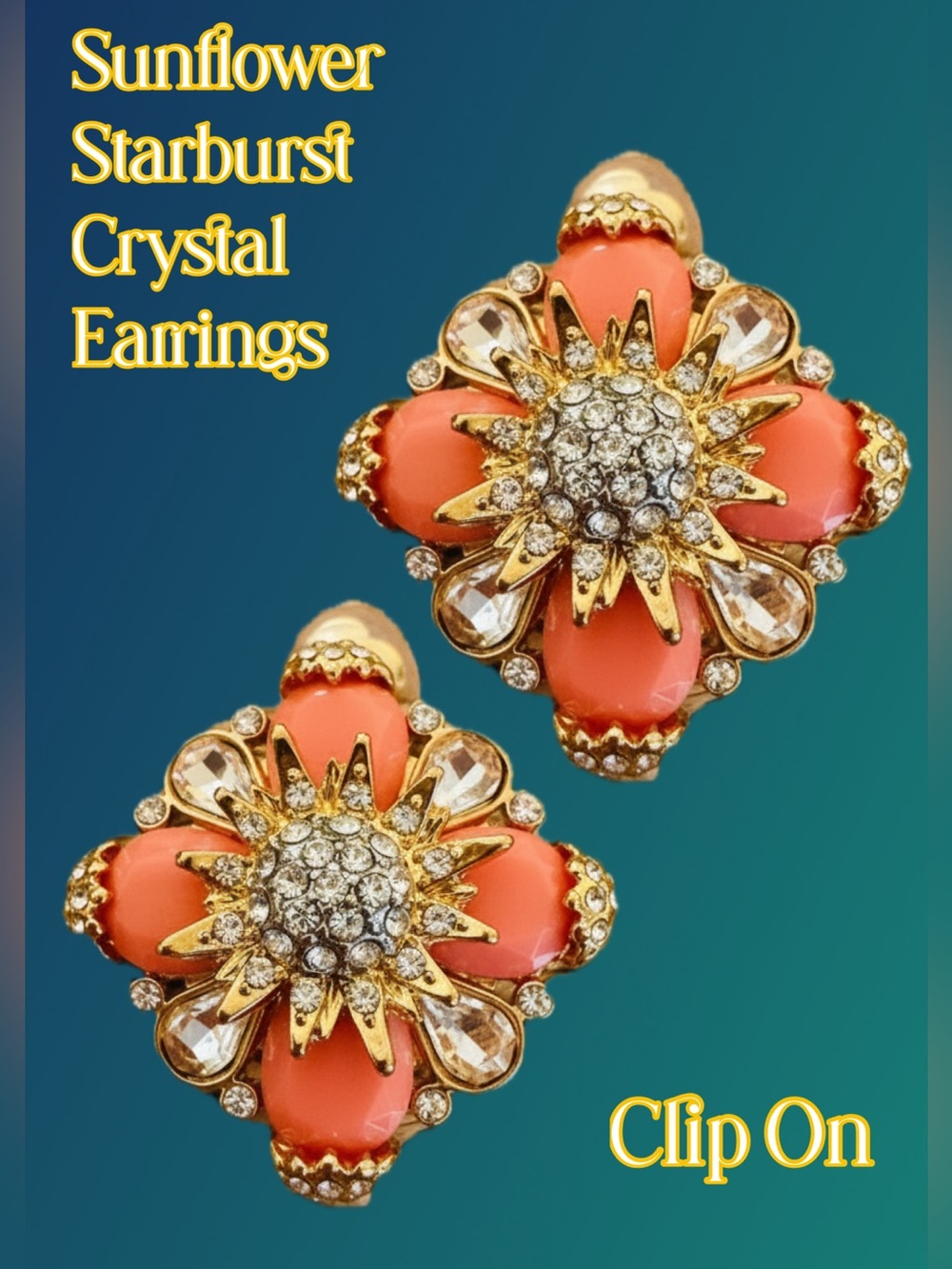 Sunflower Starburst Crystal Clip-On Statement Earrings - Coral Gold